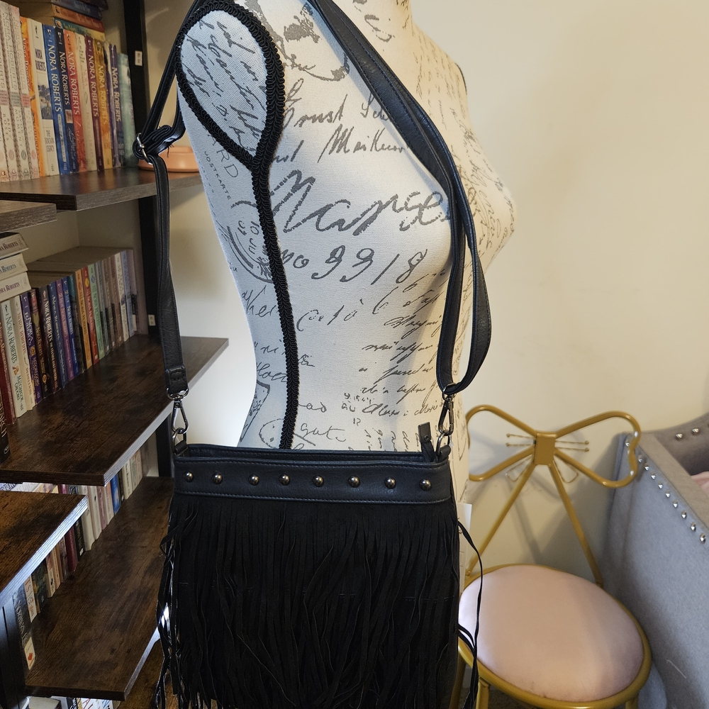 Heritage West Black Fringe Crossbody Bag With Studs